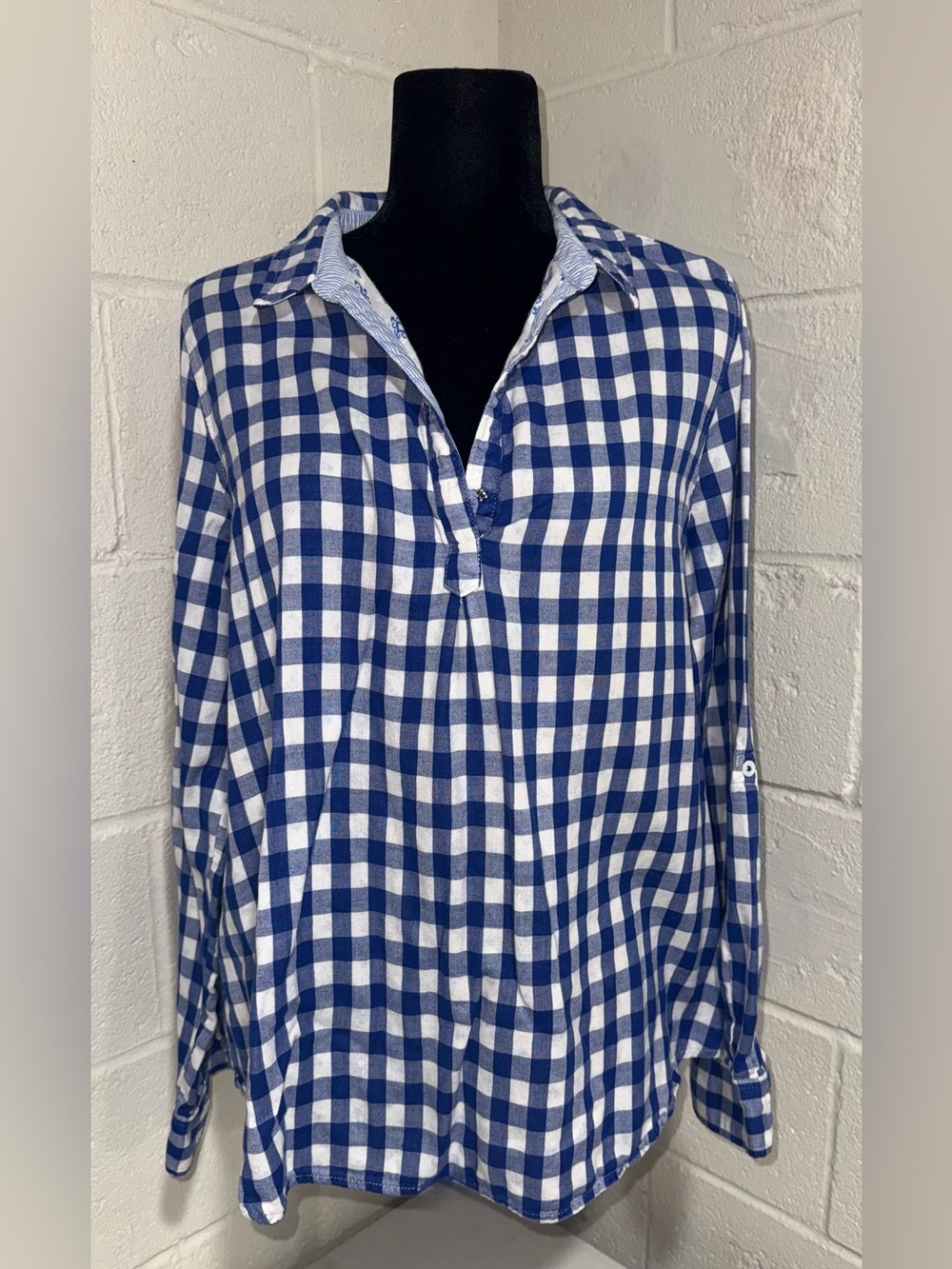 Hatley Blue White Gingham Popover Roll Sleeve Shirt L